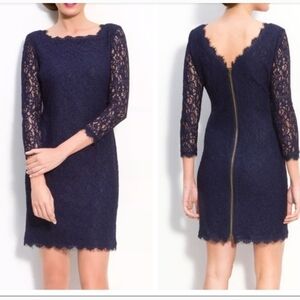 Adrianna Papell 8 Navy Lace Overlay Sheath Dress cocktail event formal
